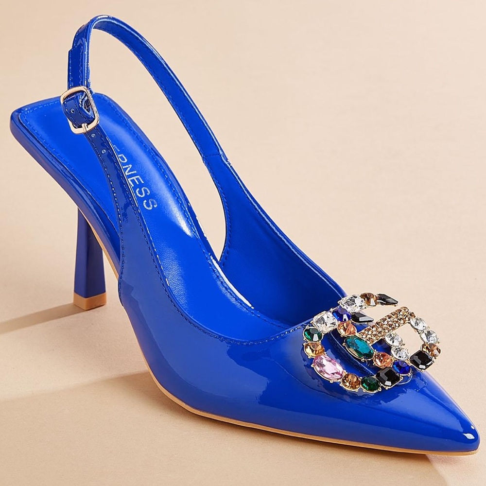 Royal Blue slingback patent embellished heels